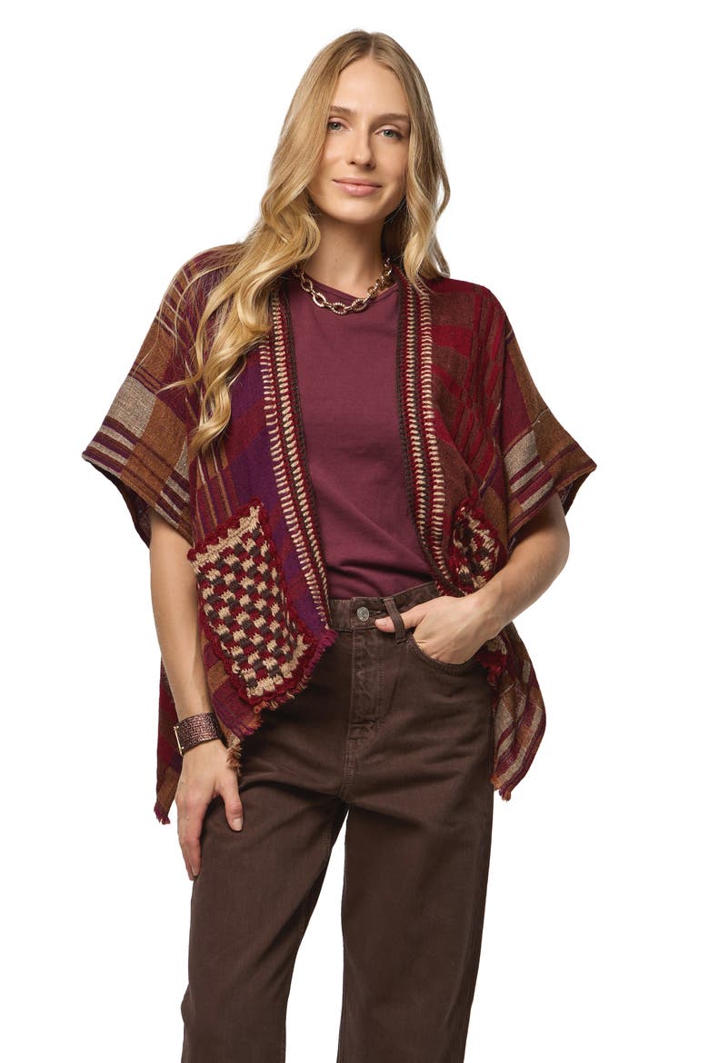Plaid Topper, Alternate, color, BEIGE/BURGUNDY