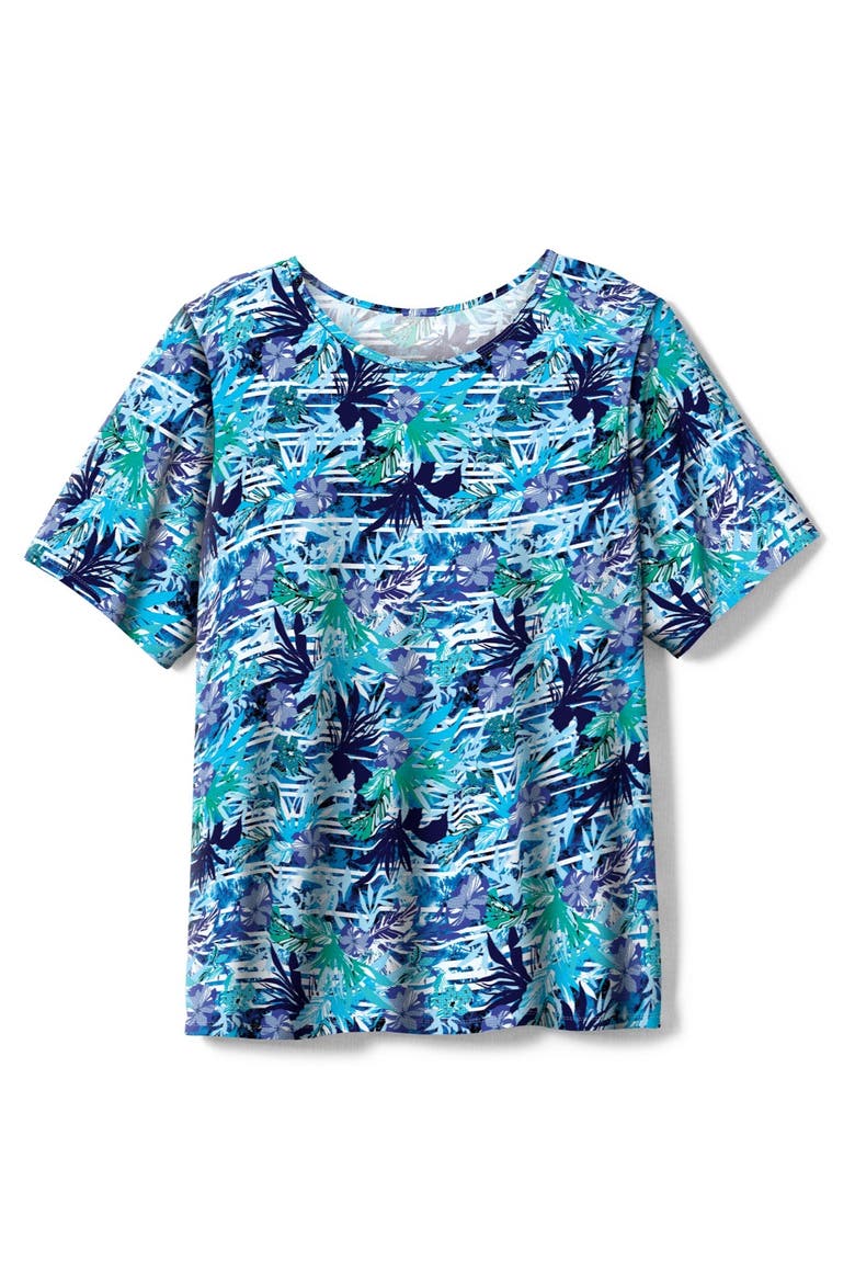 Chlorine-Resistant Crewneck Relaxed-Fit Swim Tee, Alternate, color, BLUE STRIPE PALM