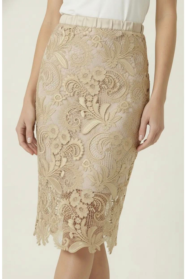 Floral Pattern Scalloped Hem Lace Skirt, Main, color, Gold Finish