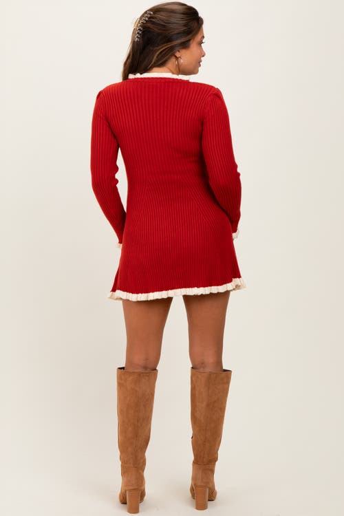 Pinkblush Ribbed Knit Contrast Ruffle Trim Mini Dress In Red