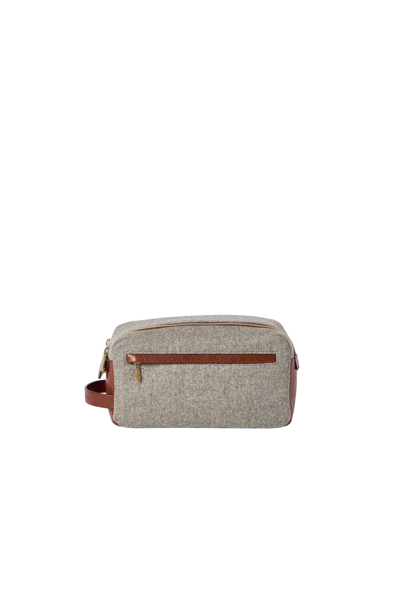 Virgin wool, alpaca and cashmere flannel beauty case with grained calfskin inserts and double zipper, Alternate, color, Leather