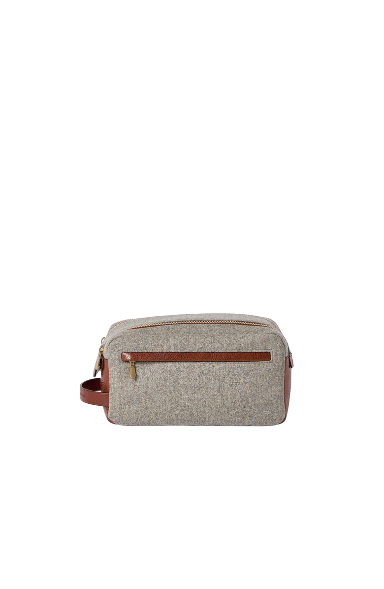 Brunello Cucinelli Virgin wool, alpaca and cashmere flannel beauty case with grained calfskin inserts and double zipper, Alternate, color, Leather