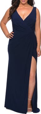 La Femme Jersey Plus Size Dress with V-Neckline and Slit
