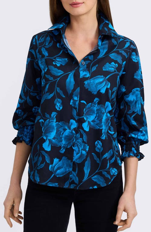 Foxcroft Olivia Floral Smocked Cuff Cotton Button-up Shirt In Blue