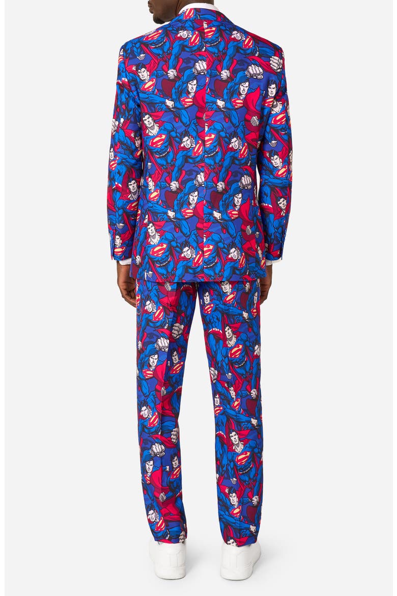x Superman The Man of Steel Slim Fit Two-Piece Suit & Tie Set, Alternate, color, BLUE MULTI