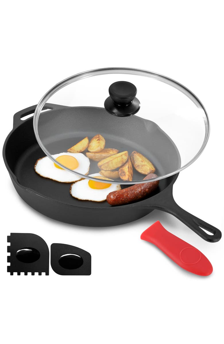 Megachef 12 Inch Pre-Seasoned Cast Iron Skillet with Tempered Glass Lid, Main, color, Black