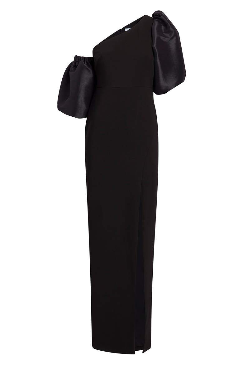 Natasha One-Shoulder Puff Sleeve Gown, Alternate, color, BLACK
