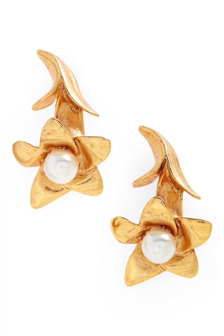 Imitation Pearl Flower Drop Earrings, Main, color, GOLD