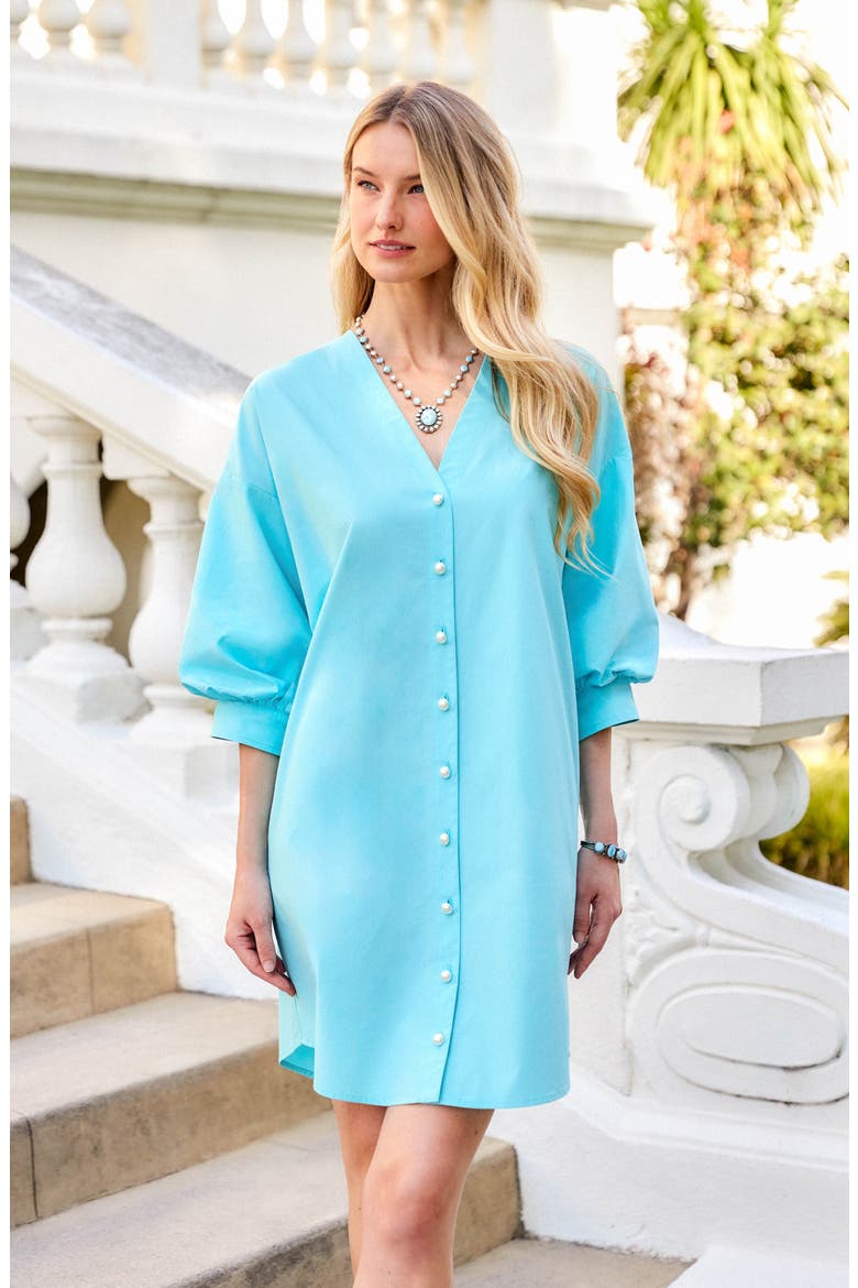 Puff Sleeve Pearly Button Dress, Alternate, color, AQUA