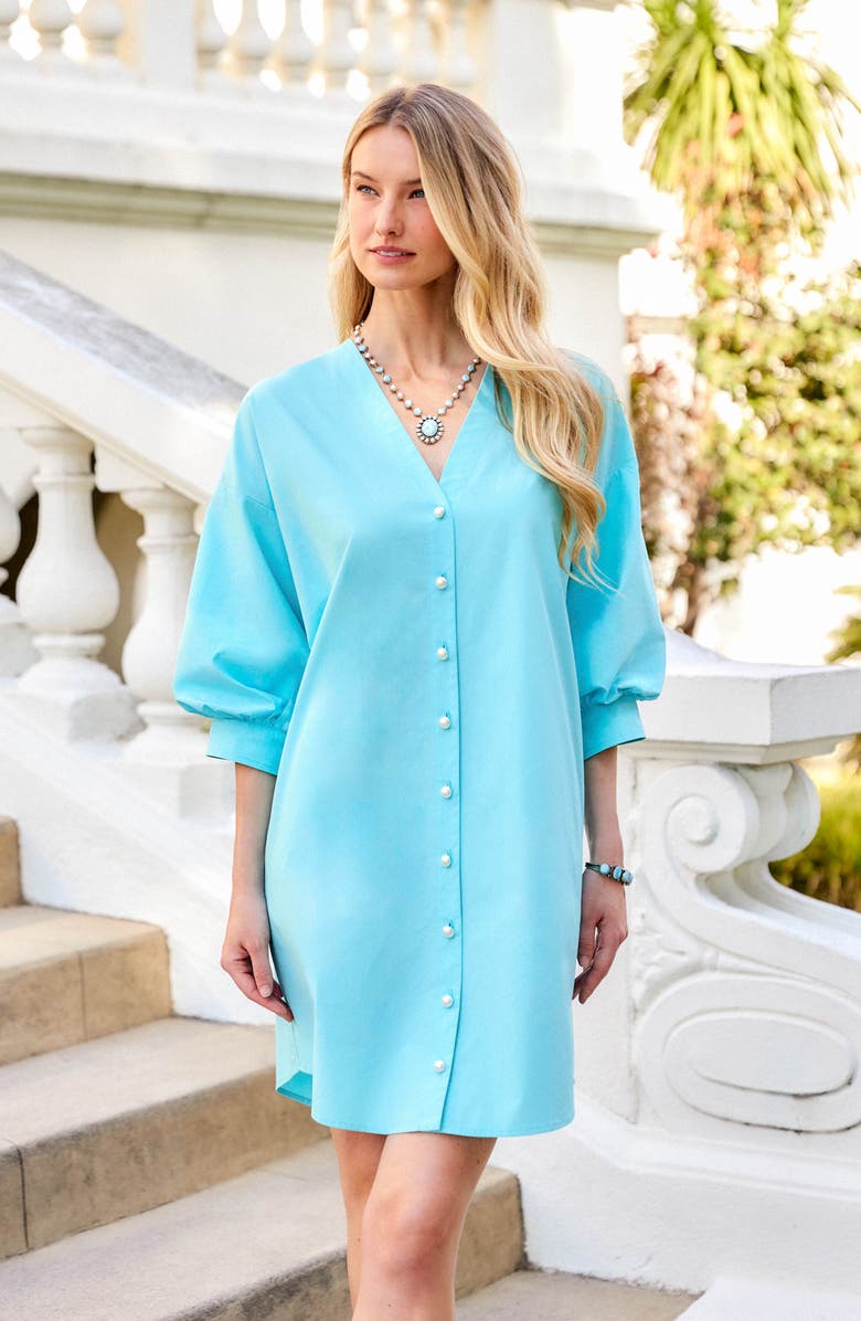 Karen Kane Imitation Pearl Cotton Shirtdress, Alternate, color, Aqua