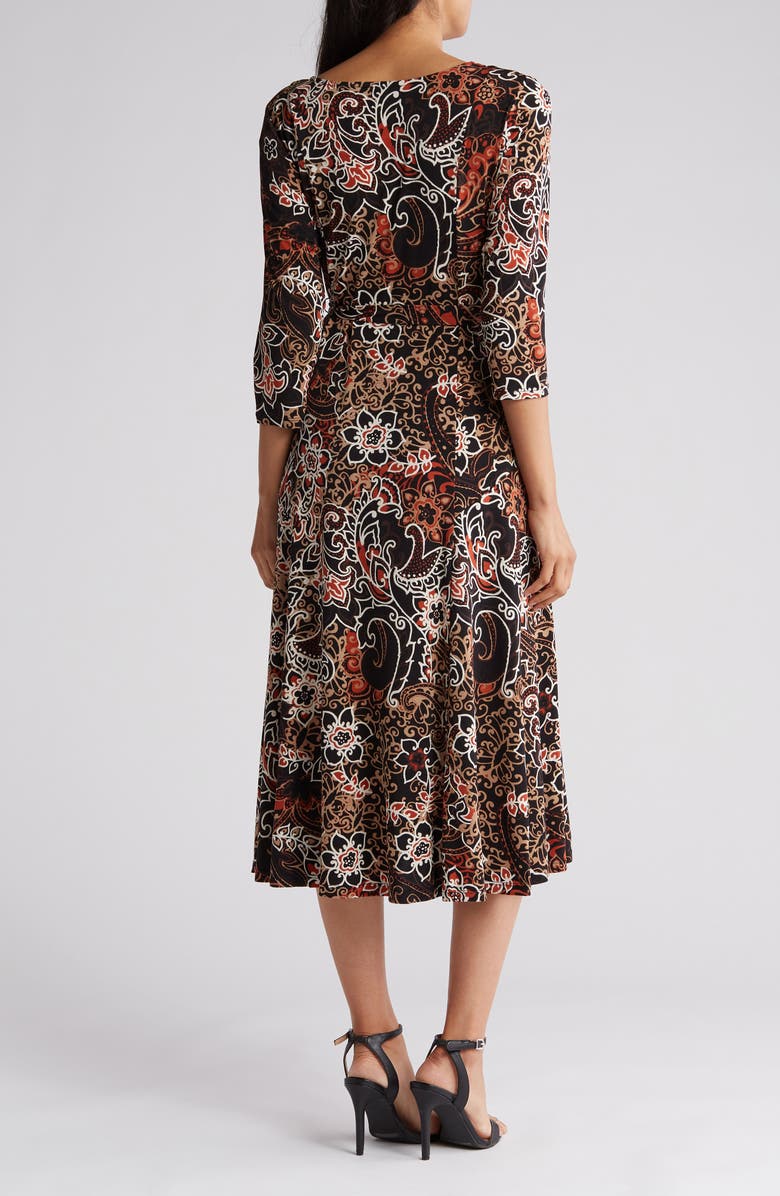 Nina Leonard Sylvia Printed Tie Waist Midi Dress, Alternate, color, Black Rust Combo