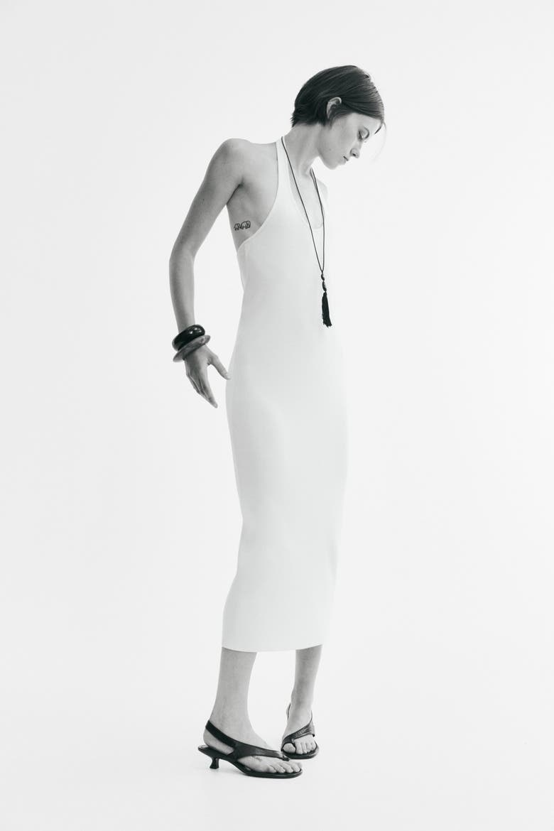 Calf-Length Halterneck Dress, Alternate, color, Cream