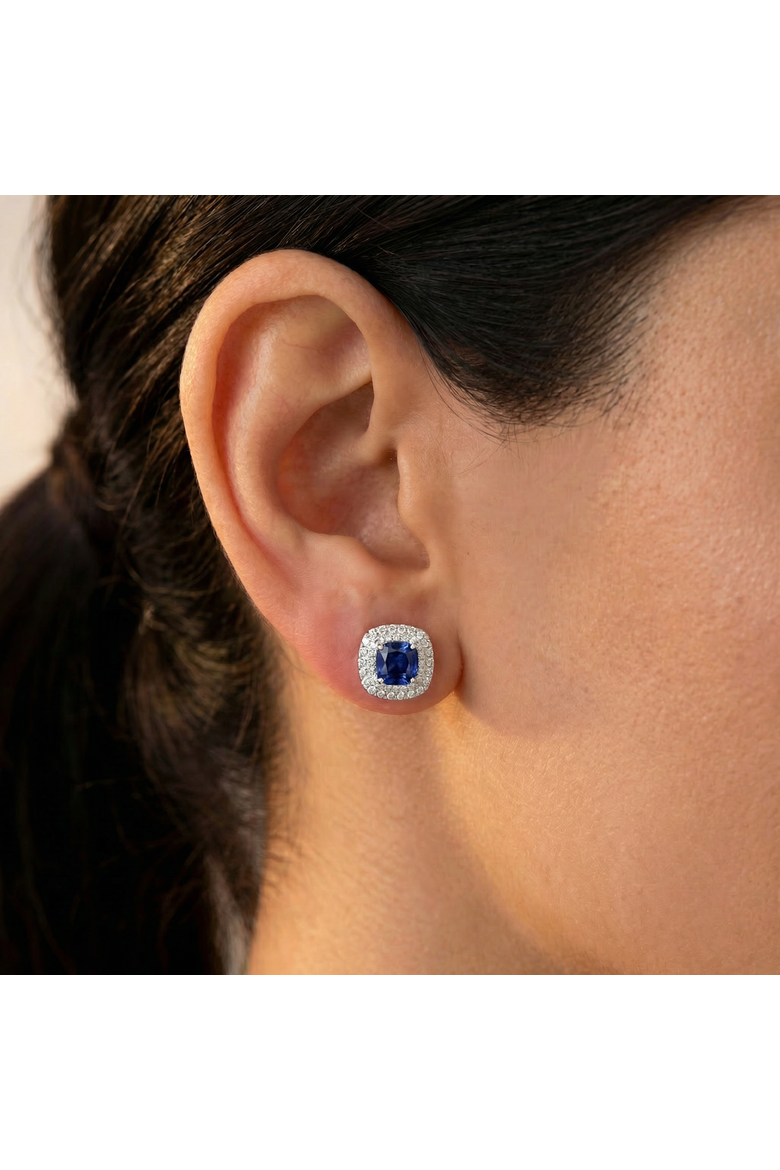 2.65Ct Cushion Halo Blue Sapphire Diamond Studs 14k Gold Earring Lab Grown, Alternate, color, 14k White Gold