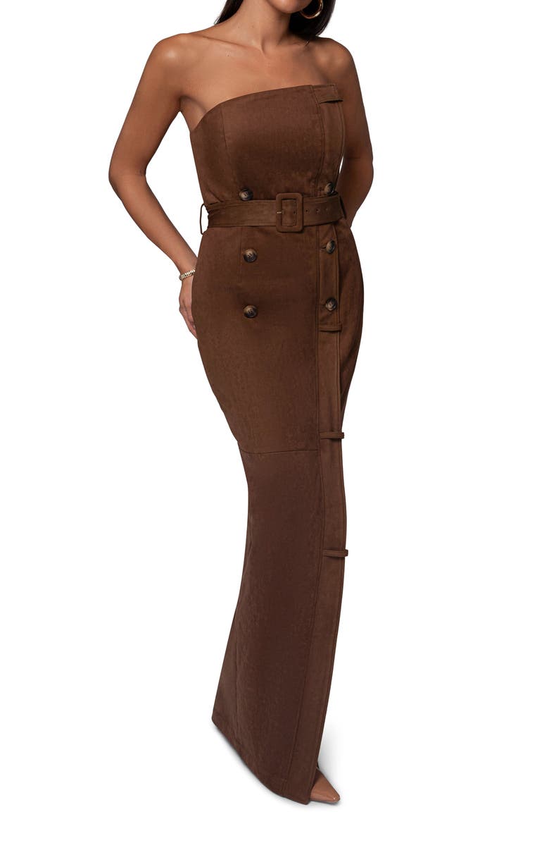 JLUXLABEL Chocolate Xena Belted Strapless Faux Suede Maxi Dress, Alternate, color, Brown