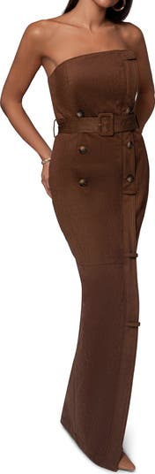 Chocolate Xena Belted Strapless Faux Suede Maxi Dress