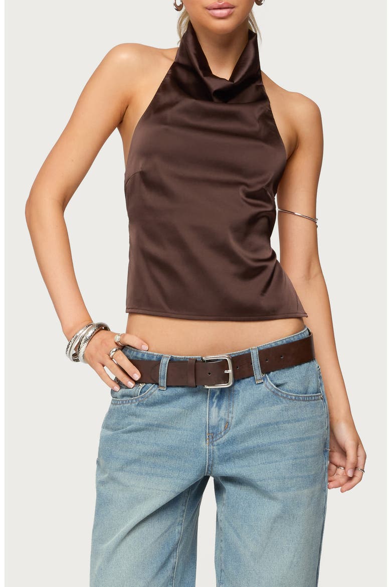 Cowl Neck Backless Satin Crop Top, Main, color, DARK-BROWN