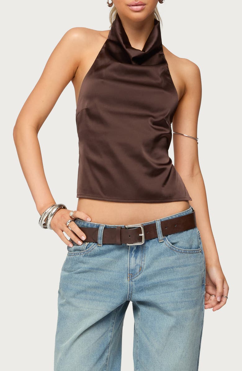EDIKTED Cowl Neck Backless Satin Crop Top, Main, color, Dark-Brown