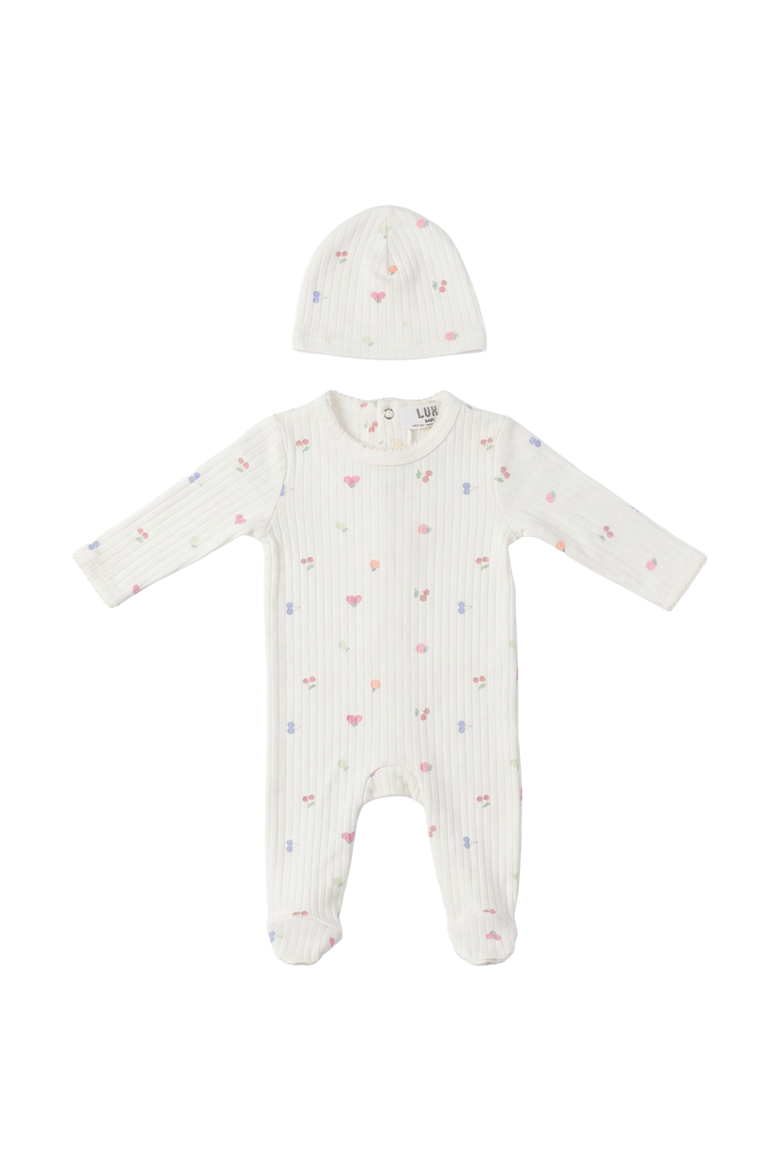 Fruit Pointelle Scallop Trim Romper and Hat Set, Main, color, Off White/Pink