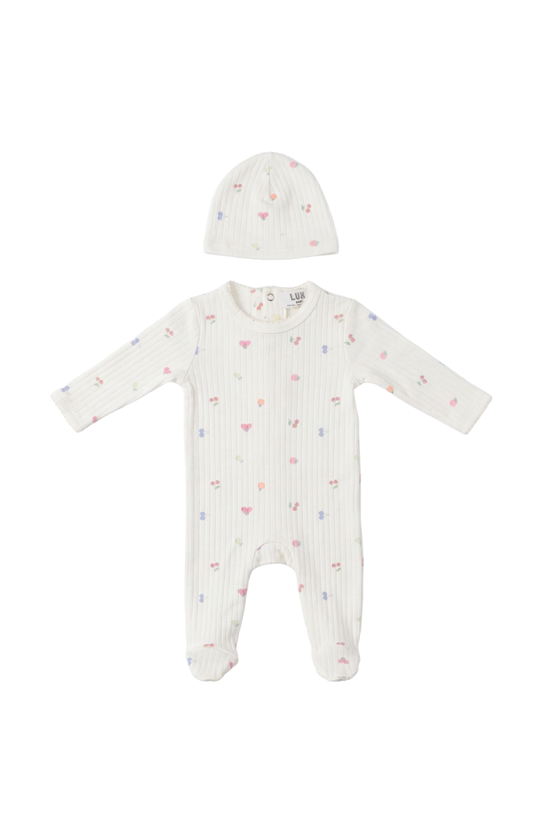 Lux Baby Fruit Pointelle Scallop Trim Romper and Hat Set, Main, color, Off White/Pink