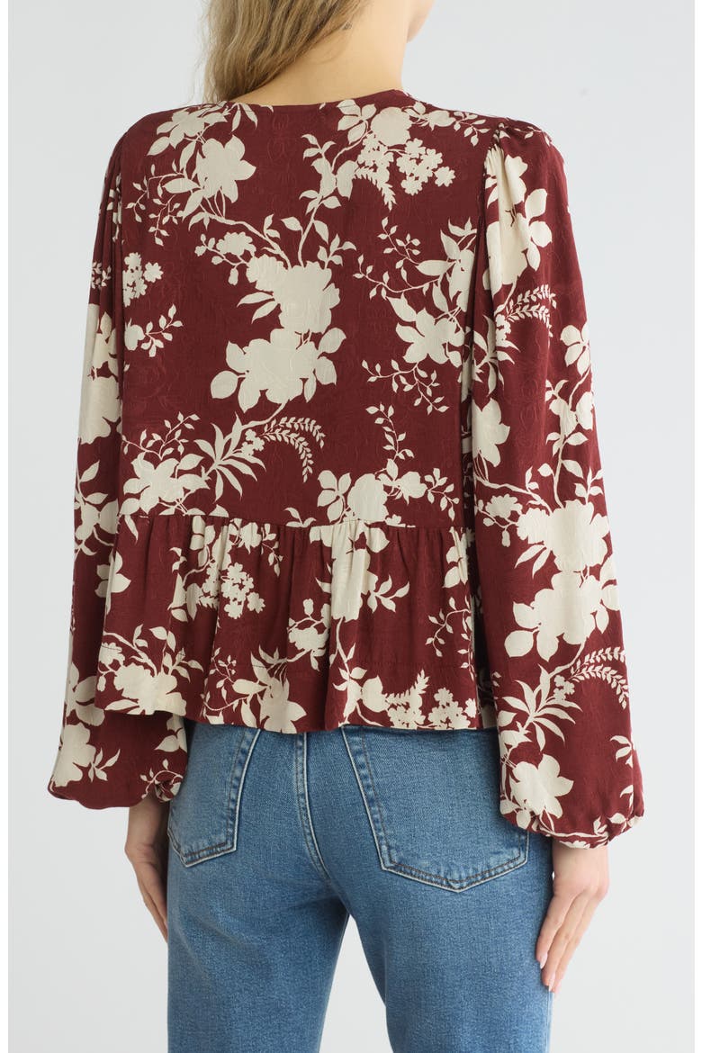 Floral Long Sleeve Tie Front Crop Top, Alternate, color, BURGUNDY