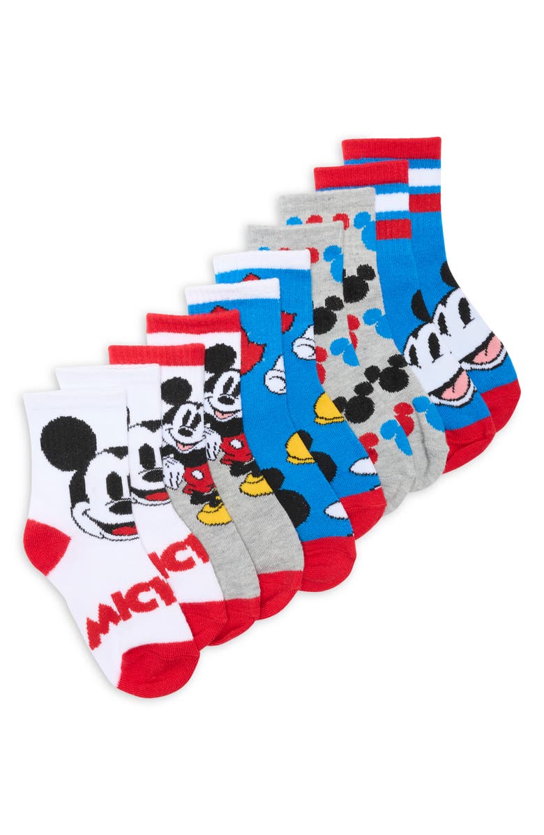 BERKSHIRE FASHIONS Kids' Disney<sup>®</sup> Mickey Assorted 5-Pack Quarter Crew Socks with Reusable Pouch, Main, color, Blue Multi
