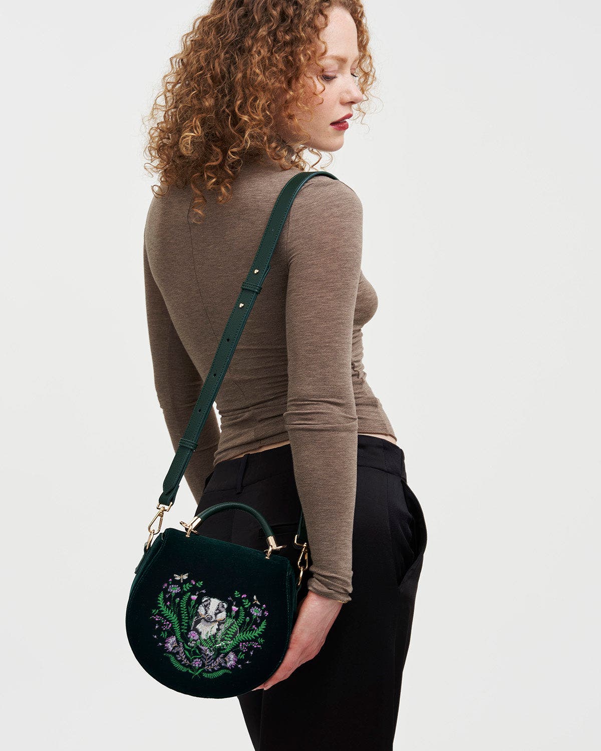 Fable England Badger Embroidered Green Top Handle Saddle Bag, Alternate, color, Woodland Green