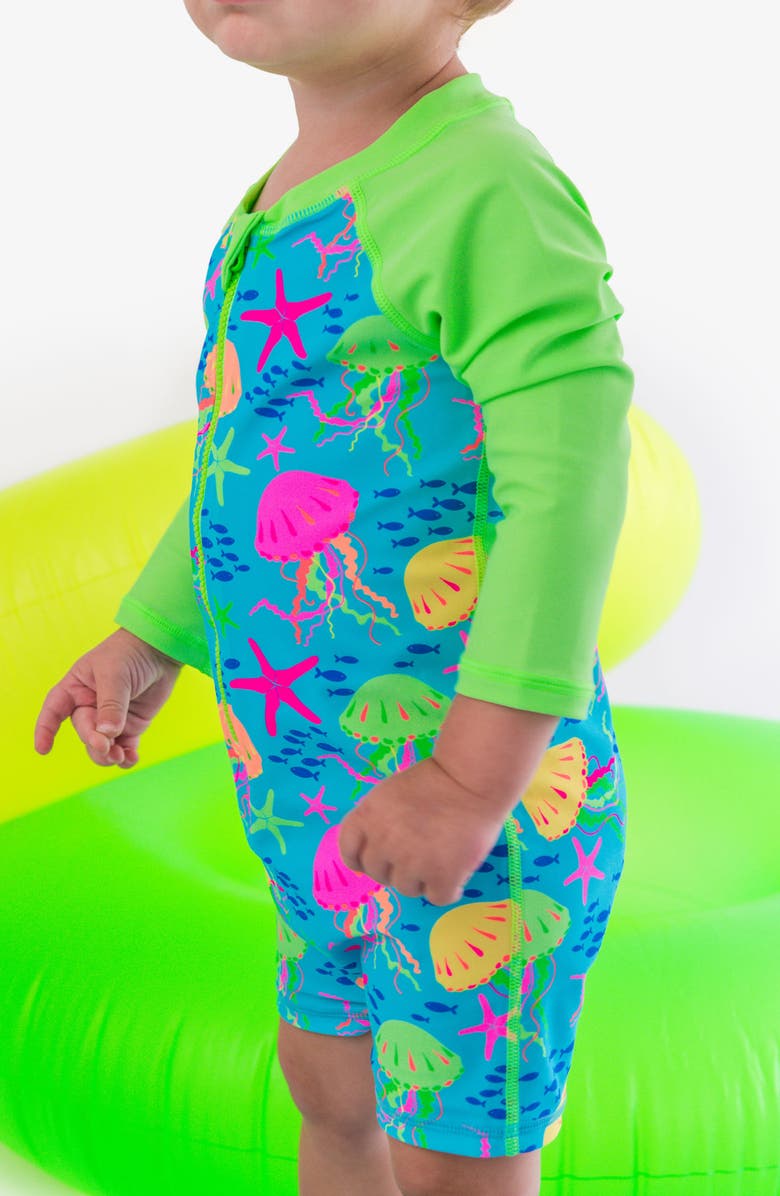 RuggedButts Kids' Neon Jelly Time Long Sleeve UPF 50+ One-Piece Swimsuit, Alternate, color, Blue