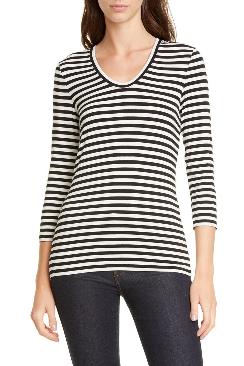 Stripe V-Neck Tee, Main, color, BLACK- IVORY EVEN STRIPE