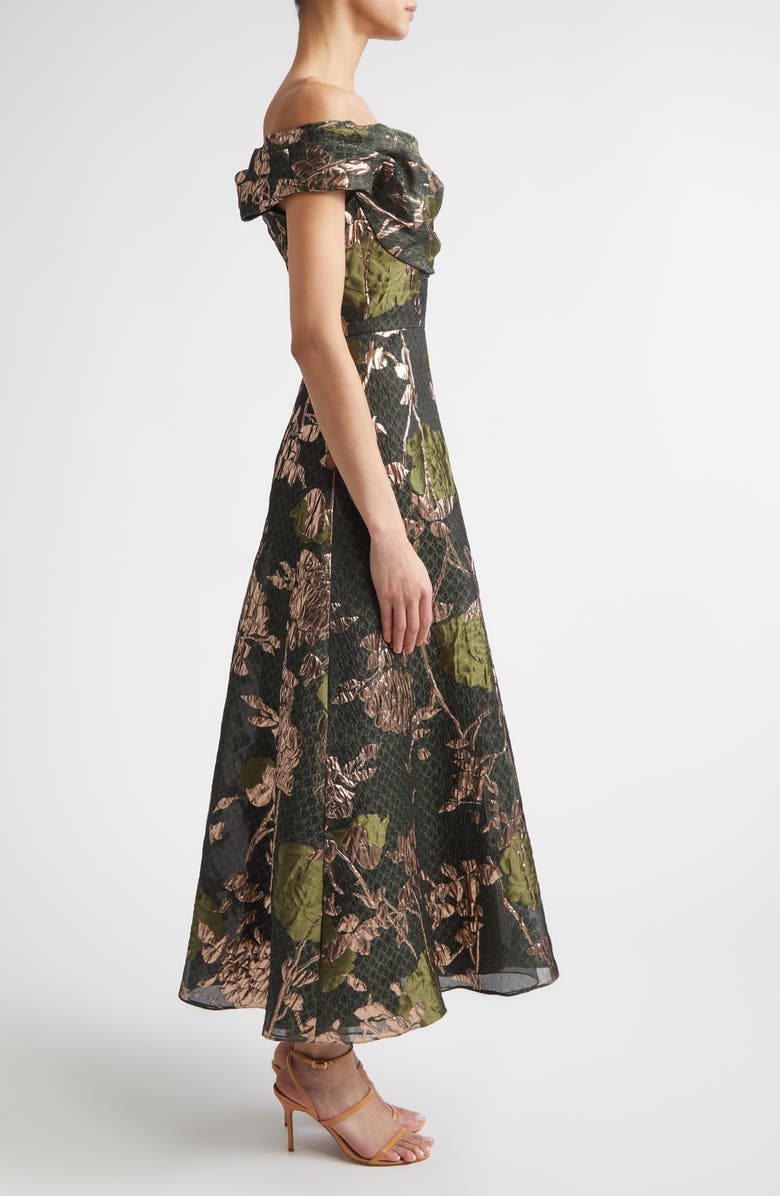 Lela Rose Floral Draped Metallic Fil Coupé Fit & Flare Gown, Alternate, color, Cactus Multi
