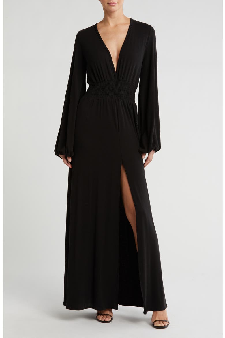 Plunge Neck Floral Long Sleeve Maxi Dress, Main, color, BLACK RIB