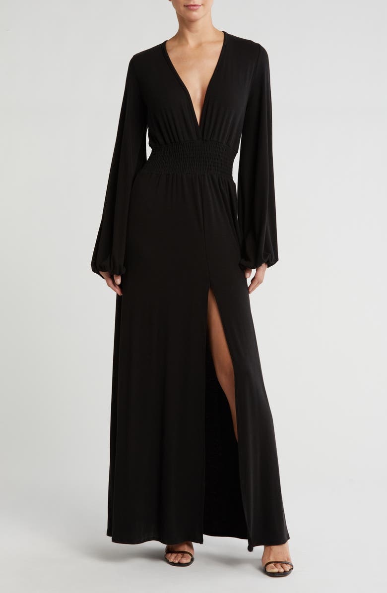 GO COUTURE Plunge Neck Floral Long Sleeve Maxi Dress, Main, color, Black Rib