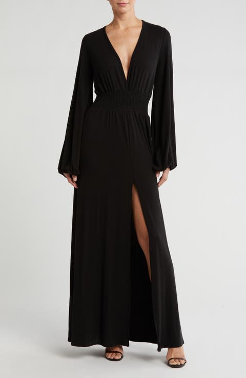 Plunge Neck Floral Long Sleeve Maxi Dress