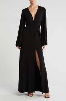 GO COUTURE Plunge Neck Floral Long Sleeve Maxi Dress