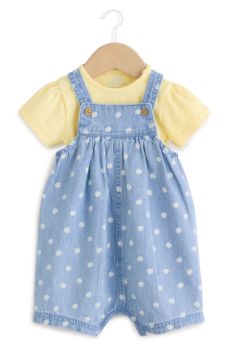 Daisy Print Denim Overalls & Cotton Pointelle Bodysuit Set, Main, color, YELLOW/BLUE