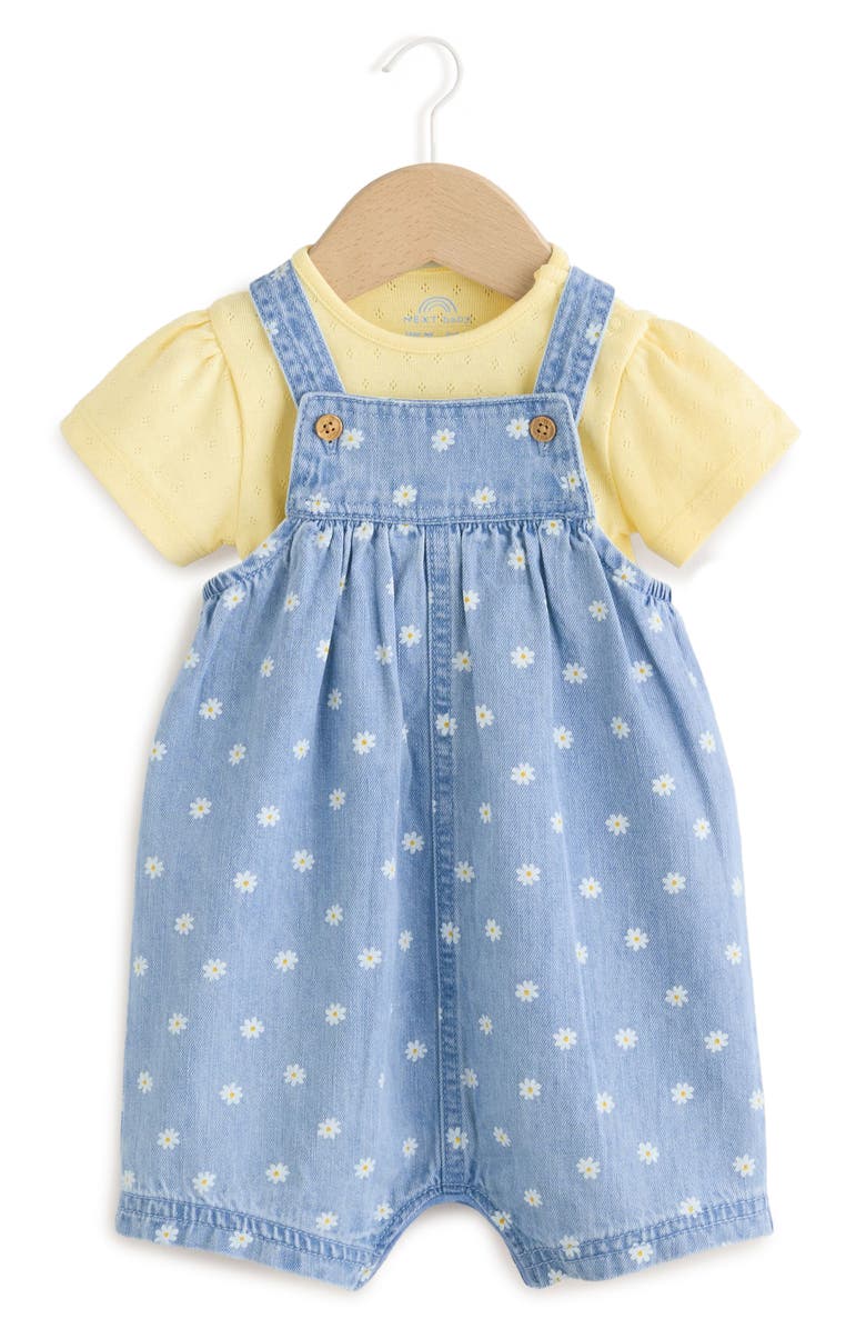 NEXT Daisy Print Denim Overalls & Cotton Pointelle Bodysuit Set, Main, color, Yellow/Blue