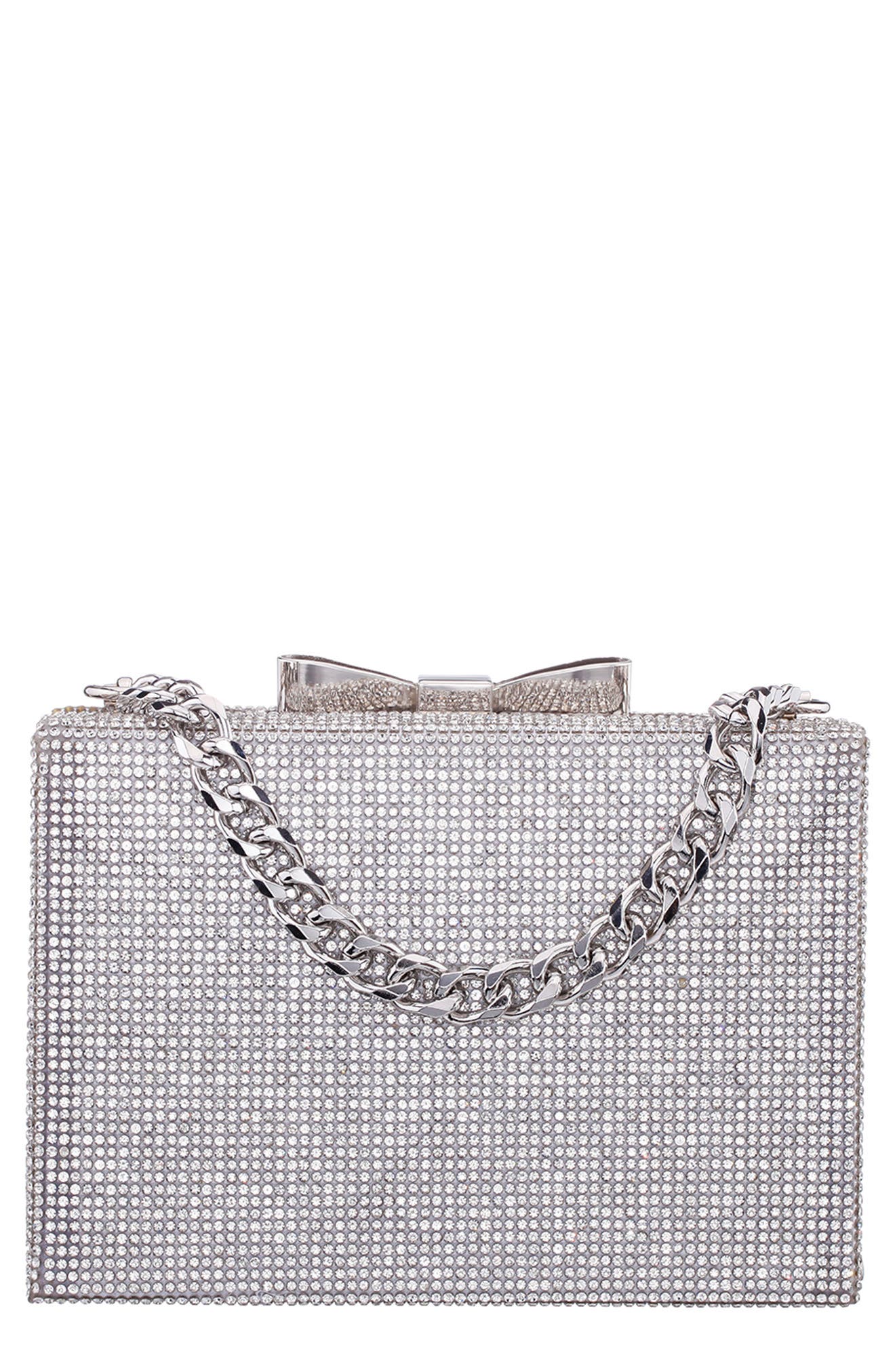 Regalo Crystal Bow Clutch, Main, color, SILVER