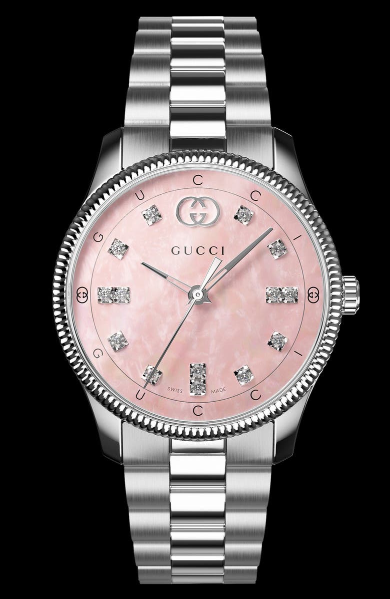 Gucci G-Timeless Mother-of-Pearl & Diamond Bracelet Watch, 29mm, Alternate, color, Silver