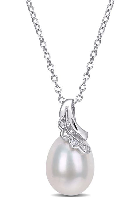 Sterling Silver 8.5–9mm Cultured Freshwater Pearl & Diamond Pendant Necklace - 0.01ct.