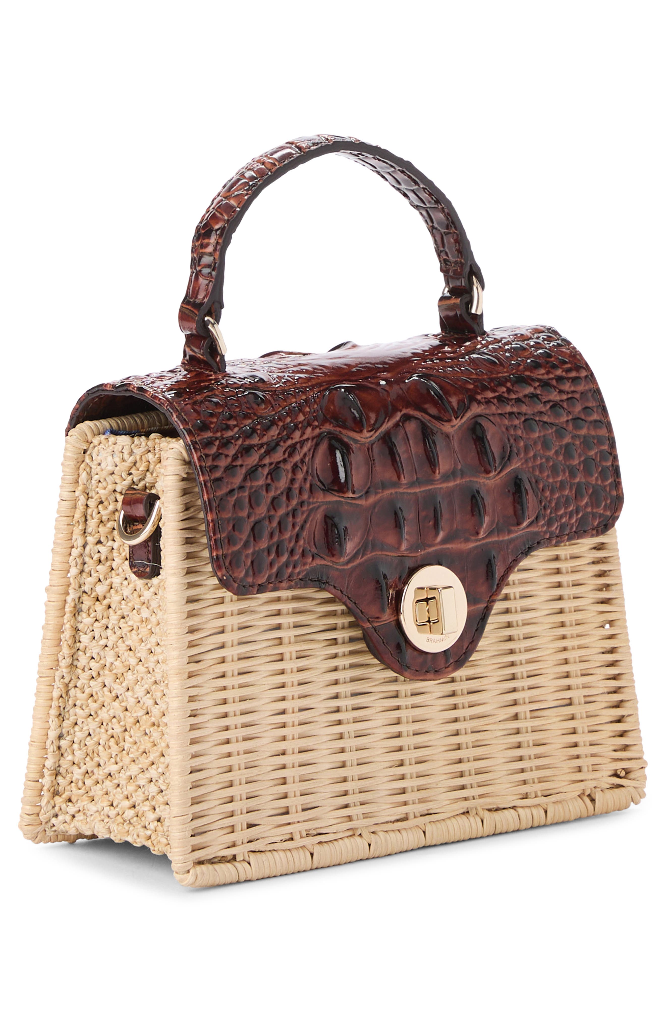 Brahmin Liliana Croc Embossed Leather & Wicker Top Handle Bag, Alternate, color, Pecan