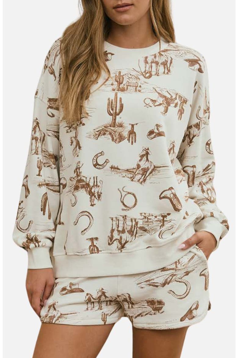 Western Graphic Cotton Blend Top & Shorts Set, Main, color, CREAM MULTI