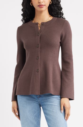 Open Edit Button Front Peplum Cardigan In Purple