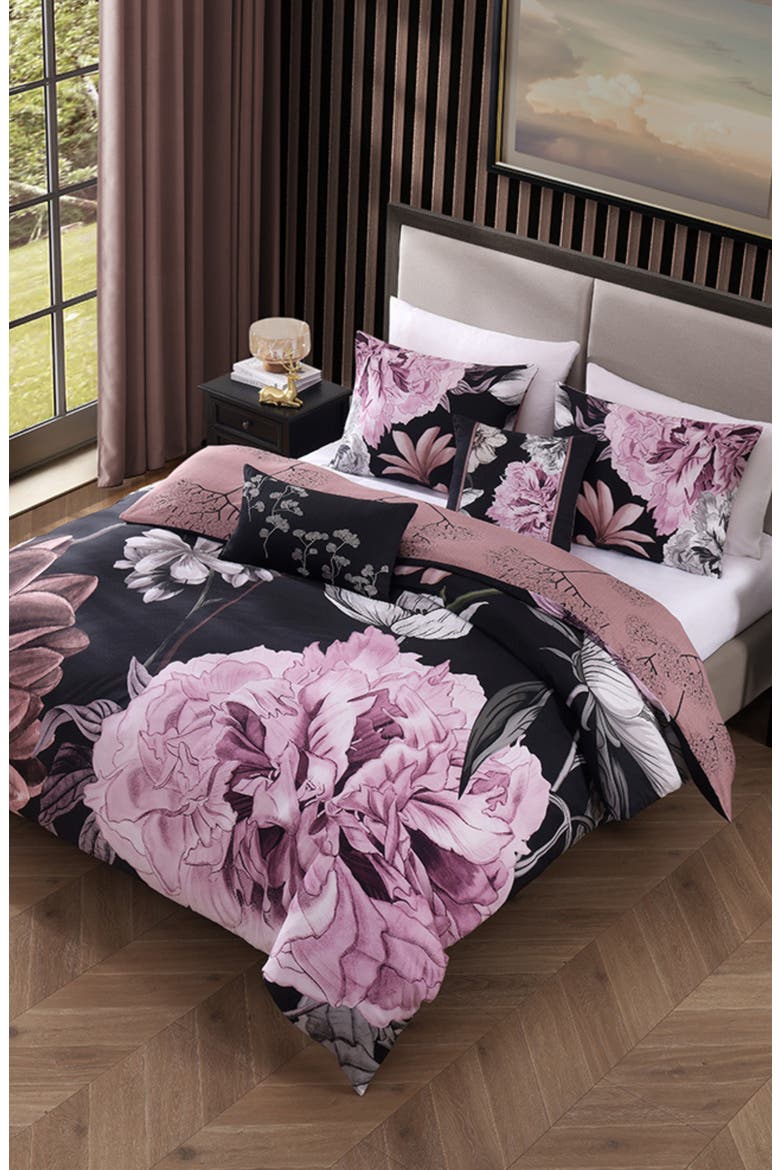 Midnight Meadow 5 Piece Reversible Comforter Set, Alternate, color, BLACK