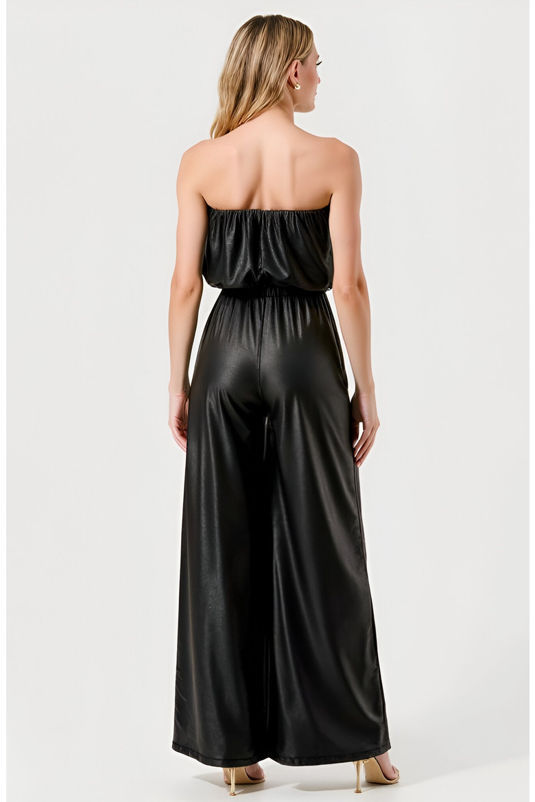 Strapless Satin Jumpsuit with Belted Waist and Wide Leg Silhouette, Alternate, color, Black