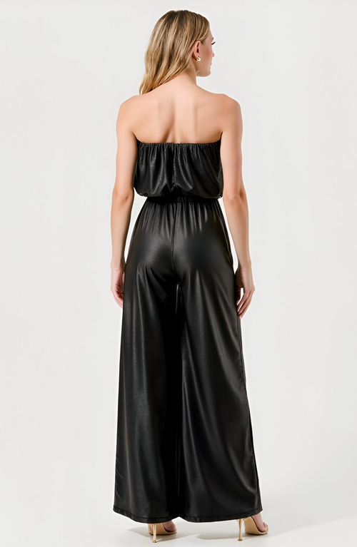Modenaire Strapless Satin Jumpsuit With Belted Waist And Wide Leg Silhouette In Black
