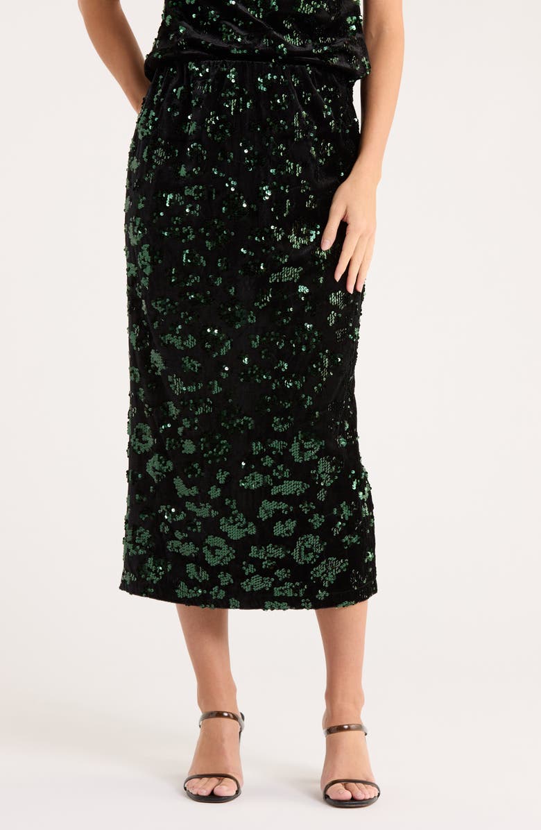 T Tahari Sequin Pull-On Midi Skirt, Main, color, Black/ Emerald Sequins