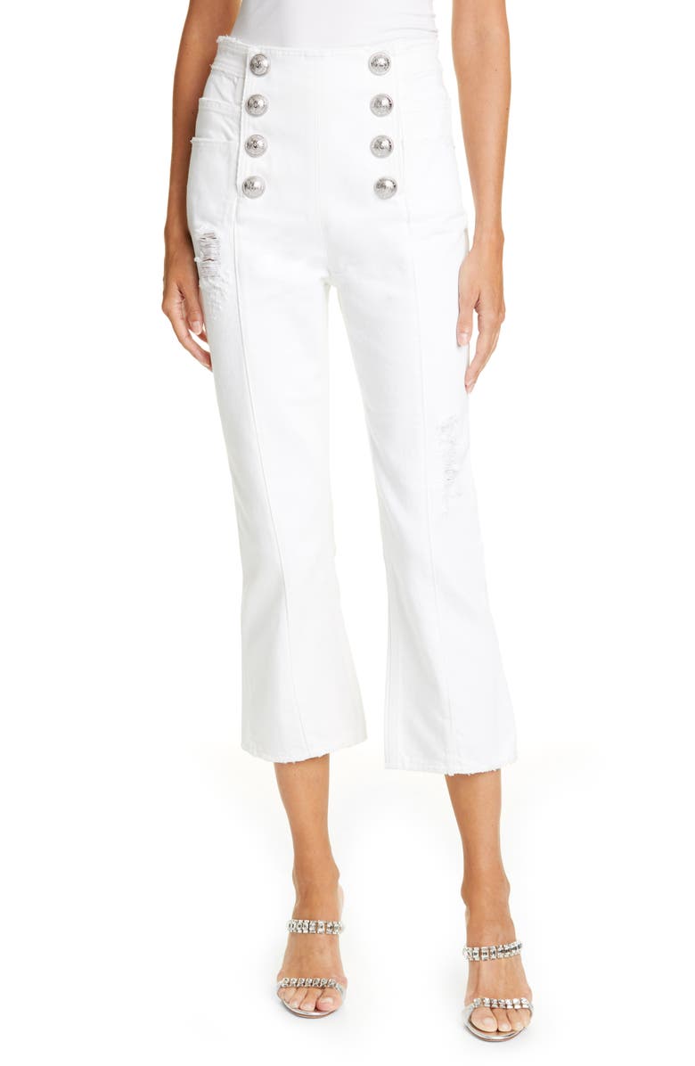 Balmain Button Front Crop Flare Jeans, Main, color, 