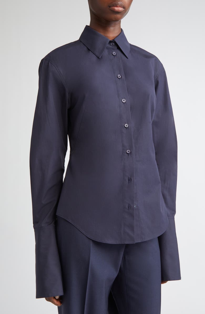 Lafayette 148 New York Fitted Organic Cotton Poplin Button-Up Shirt, Alternate, color, Ink