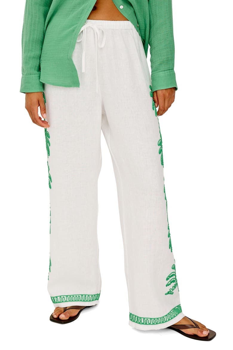 Emmie Embroidered Palm Detail Linen Pants, Main, color, EMERALD PALMS EMBROIDERY