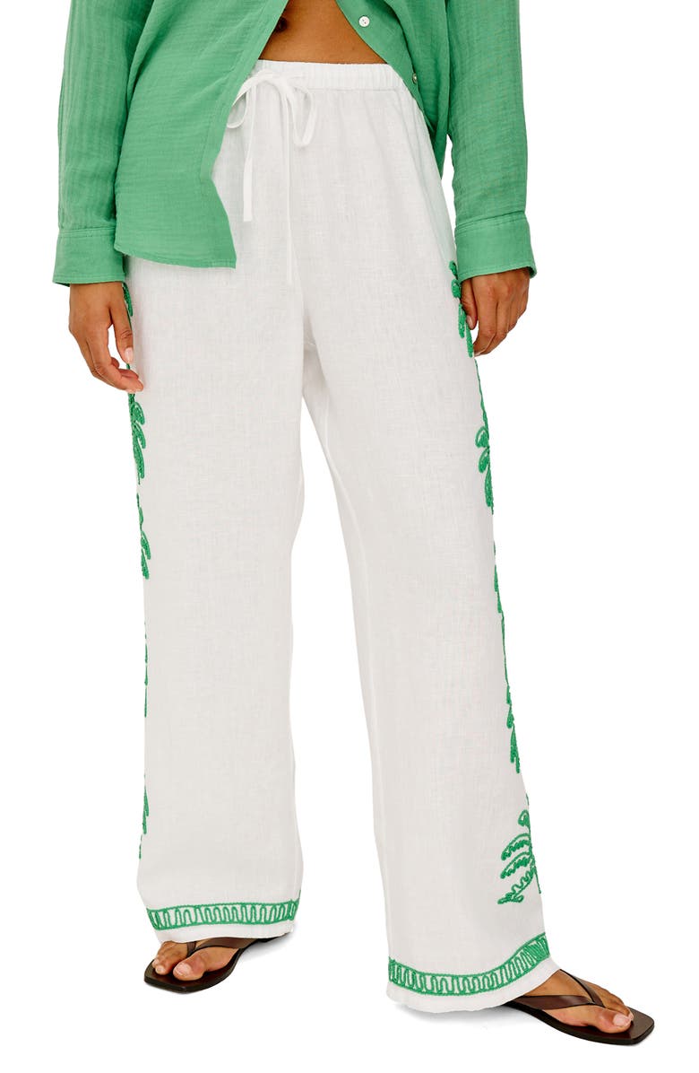 Rails Emmie Embroidered Palm Detail Linen Pants, Main, color, Emerald Palms Embroidery