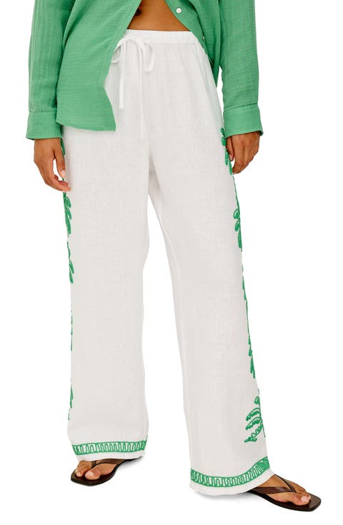 Emmie Embroidered Palm Detail Linen Pants